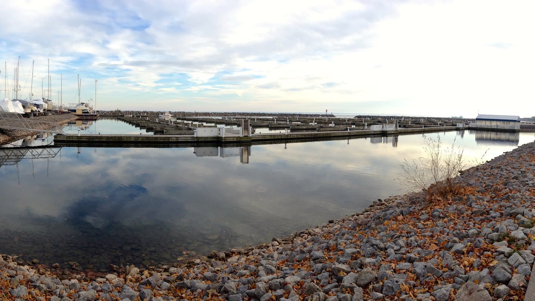 Best time to buy a boat: an emptied marina in late autumn, boats hauled and covered for the off-season
