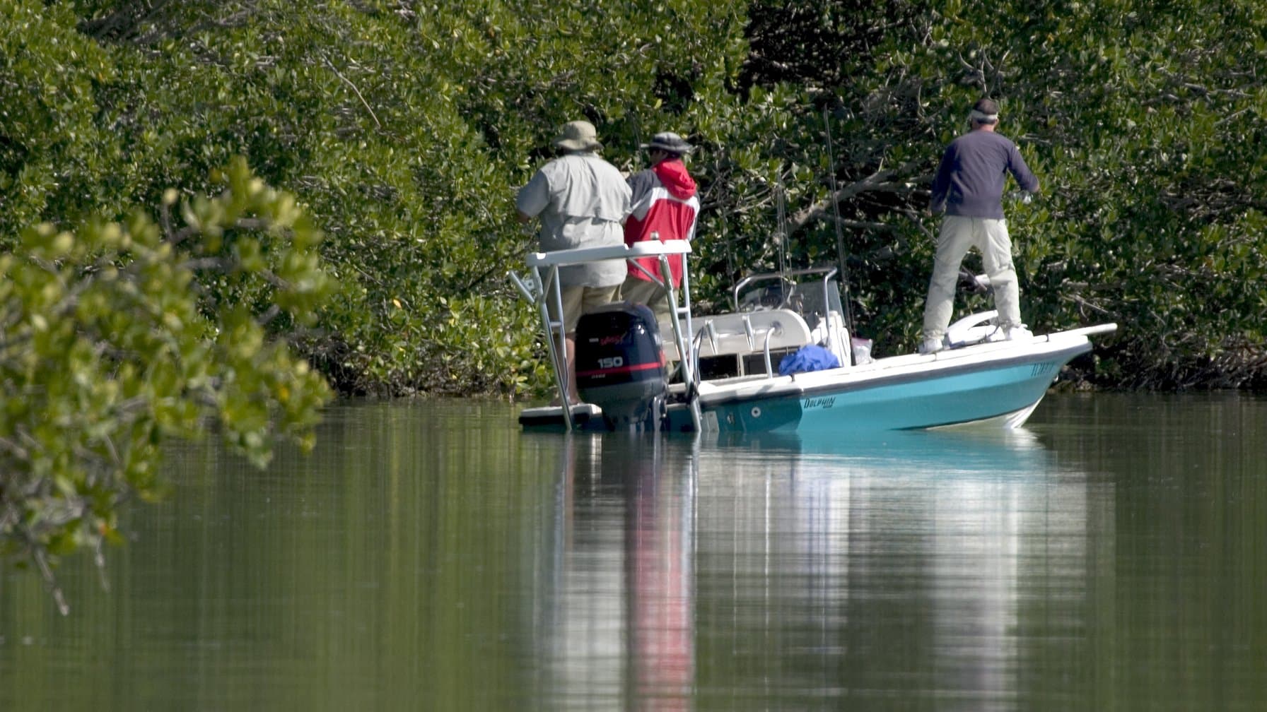Center console buying guide: three anglers fishing from a bay boat in calm mangrove water