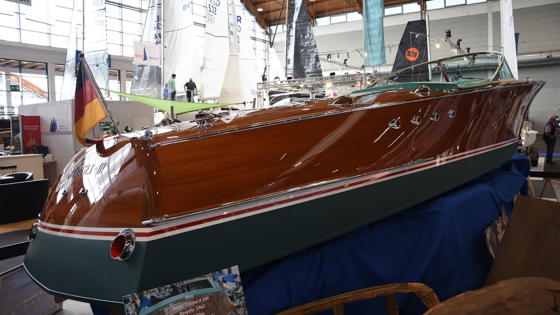 How to buy a boat at a boat show: boats on display inside the Interboot exhibition hall in Friedrichshafen